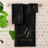Monogram Elegante Minimal Black Gold Chic Bad Handdoek