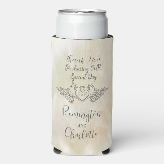 Monogram Elegante Moeder-van-Parel Perzik Bruiloft Seltzer Blikjeskoeler (Seltzer Voorkant)