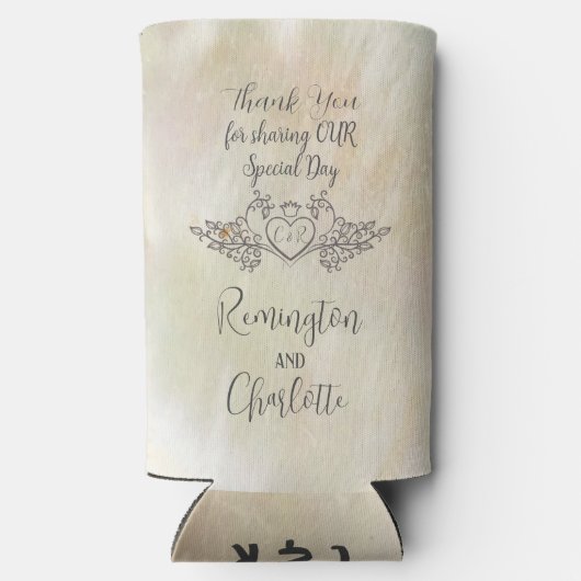 Monogram Elegante Moeder-van-Parel Perzik Bruiloft Seltzer Blikjeskoeler (Achterkant)