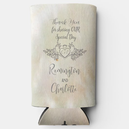 Monogram Elegante Moeder-van-Parel Perzik Bruiloft Seltzer Blikjeskoeler (Voorkant)