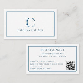 Monogram Elegante Navy Blauwe Rand QR Code Visitekaartje