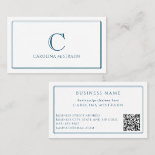 Monogram Elegante Navy Blauwe Rand QR Code Visitekaartje
