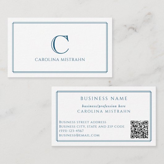 Monogram Elegante Navy Blauwe Rand QR Code Visitekaartje (Voorkant / Achterkant)