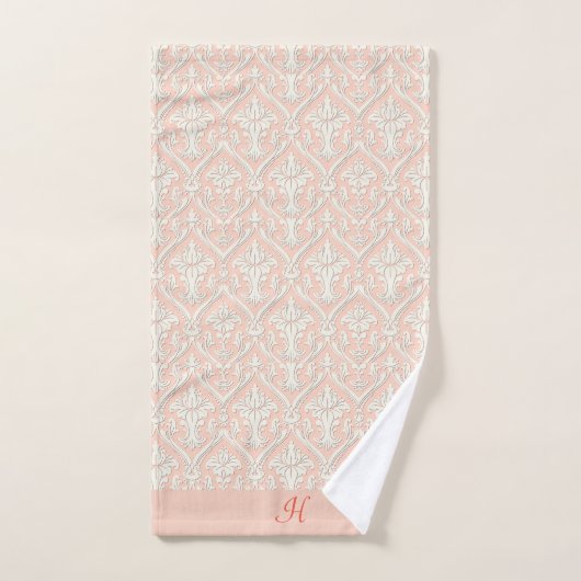 Monogram Elegante Perzik & Witte Damast Bad Handdoek (Handdoek)