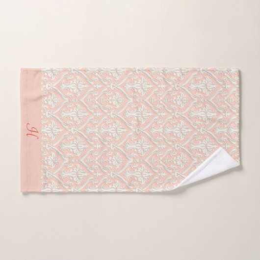 Monogram Elegante Perzik & Witte Damast Bad Handdoek (Handdoek)