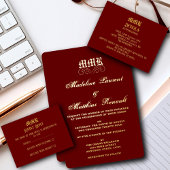 Monogram Elegante Rode en Gouden Huwelijk Folie Uitnodiging