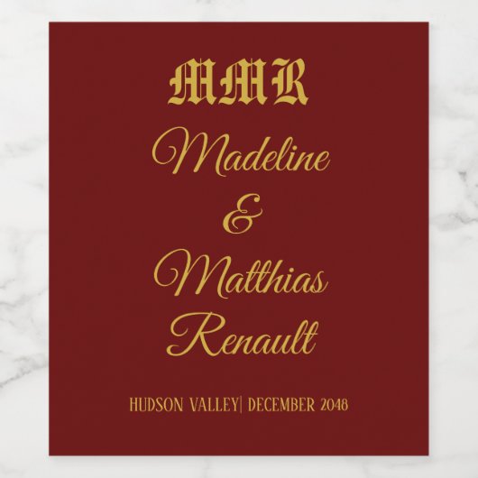 Monogram Elegante Rode en Gouden Huwelijk Wijn Etiket (Enkel label)