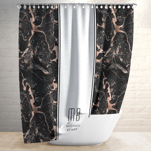 Monogram Elegante Roze Goud Zwarte Marmer Douchegordijn
