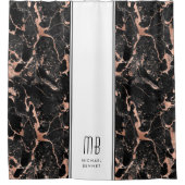 Monogram Elegante Roze Goud Zwarte Marmer Douchegordijn (Voorkant)