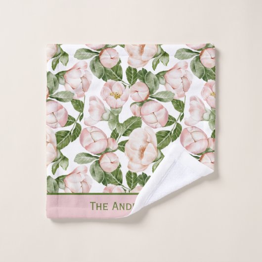 Monogram Elegante Roze Groene Bloem Bloemen Groene Bad Handdoek (Wasdoekje)