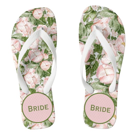 Monogram Elegante Roze Groene Bloem Bruid Teenslippers (Voetbed)