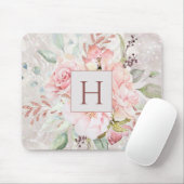 Monogram Elegante Roze Pioen Bloem Marmer Muismat (Met muis)