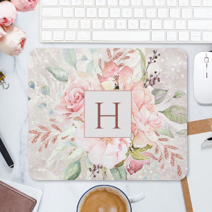 Monogram Elegante Roze Pioen Bloem Marmer Muismat
