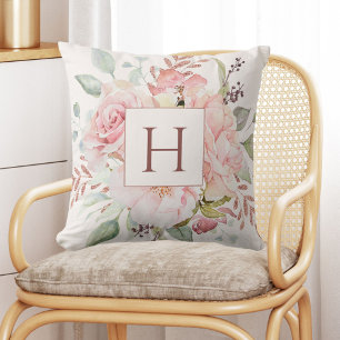 Monogram Elegante Roze Pioen Bloemen Boeket  Kussen