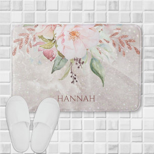 Monogram Elegante Roze Roos en Pioen Bloem Badmat