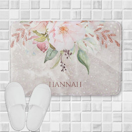 Monogram Elegante Roze Roos en Pioen Bloemen Badmat
