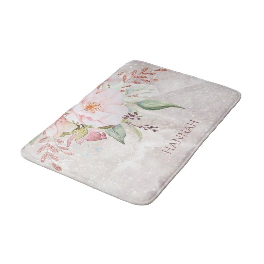 Monogram Elegante Roze Roos en Pioen Bloemen Badmat (Gekanteld)