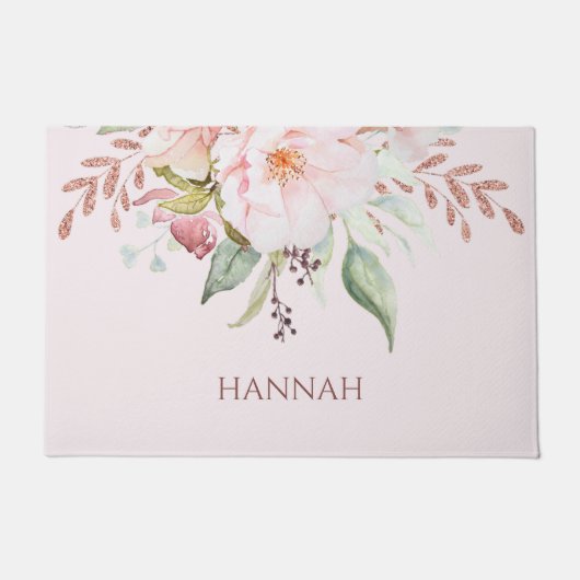 Monogram Elegante Roze Roos en Pioen Bloemen Deurmat (Voorkant)