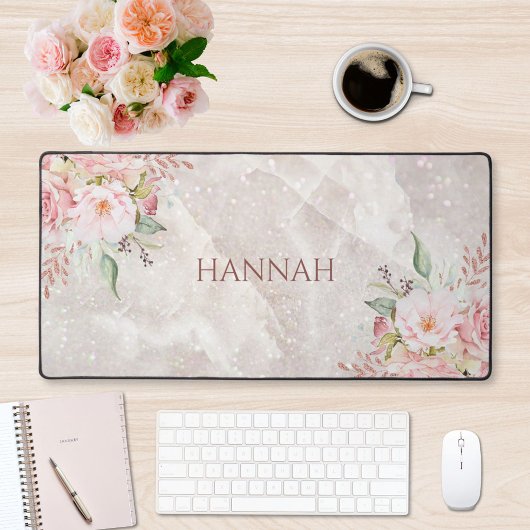 Monogram Elegante Roze Roos Pioen Bloem Marmer Bureaumat