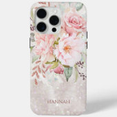 Monogram Elegante Roze Roos Pioen Bloem Marmer Case-Mate iPhone Case (Achterkant)