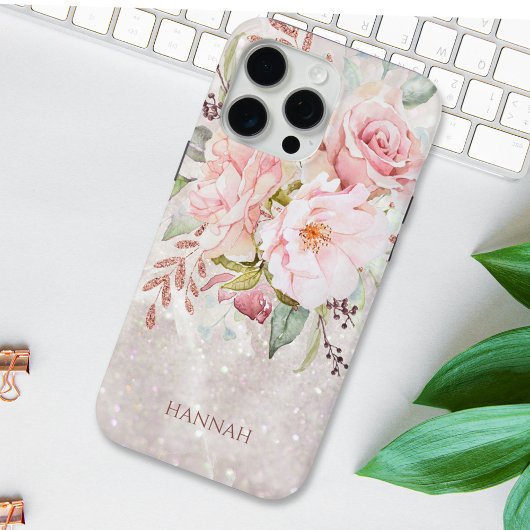 Monogram Elegante Roze Roos Pioen Bloem Marmer Case-Mate iPhone Case