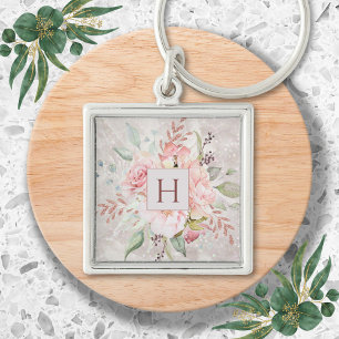 Monogram Elegante Roze Roos Pioen Bloem Marmer Sleutelhanger