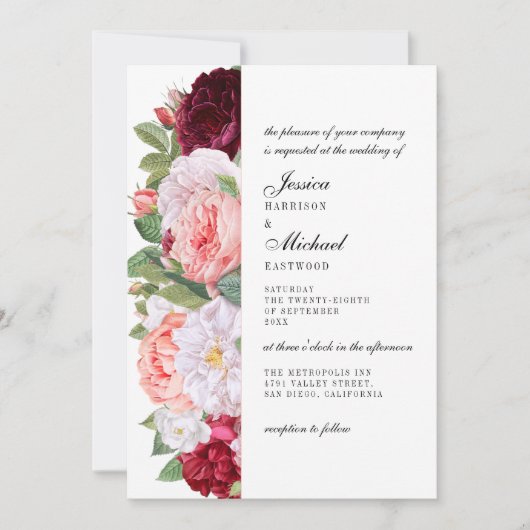 Monogram Elegante  Rozen Bourgondische bruiloft Kaart (Voorkant)