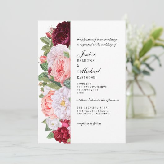 Monogram Elegante  Rozen Bourgondische bruiloft Kaart (Staand voorkant)