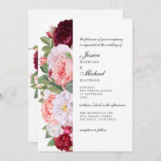 Monogram Elegante Rozen Bourgondische bruiloft Kaart (Voorkant / Achterkant)