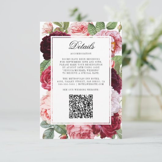 Monogram Elegante Rozen Bruiloft Details QR Code Informatiekaartje (Staand voorkant)