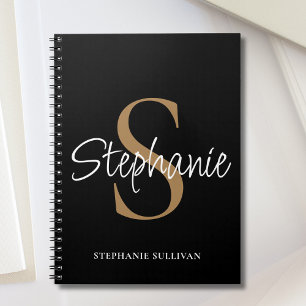 Monogram Elegante Script Naam Zwart Goud Notitieboek