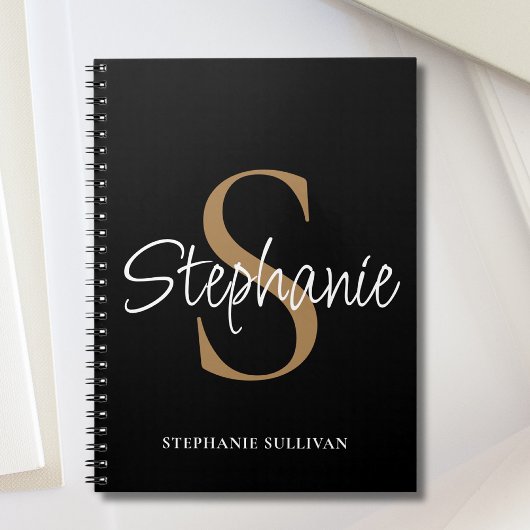 Monogram Elegante Script Naam Zwart Goud Notitieboek
