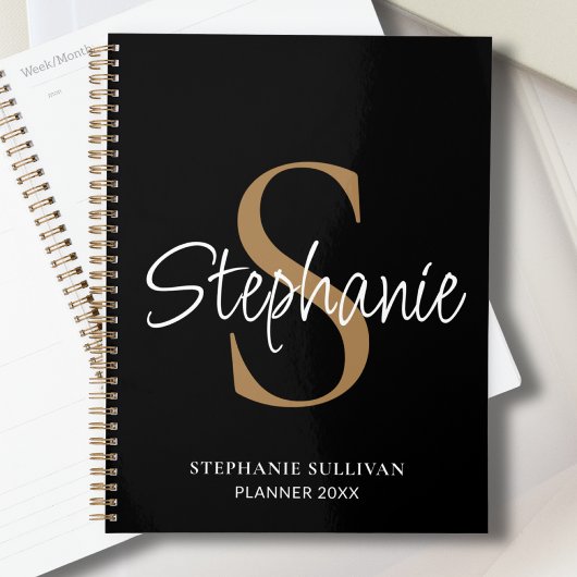 Monogram Elegante Script Naam Zwart Goud Planner