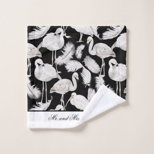 Monogram Elegante Script Zwarte Witte Zwanenveren Bad Handdoek (Wasdoekje)