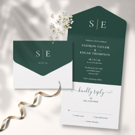 Monogram Elegante Smaragdgroene En Gouden Trouw All In One Uitnodiging