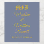 Monogram Elegante Stoffige Blauwe en Gouden Huweli Wijn Etiket (Enkel label)