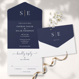 Monogram Elegante Trouwkaart in Navyblauw en Goud All In One Uitnodiging