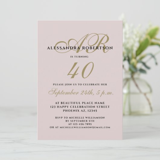 Monogram elegante veertig verjaardag blush roze go kaart (Staand voorkant)