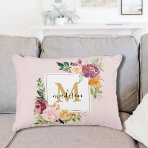 Monogram Elegante Watercolor Roos Bloemige Botanis Accent Kussen