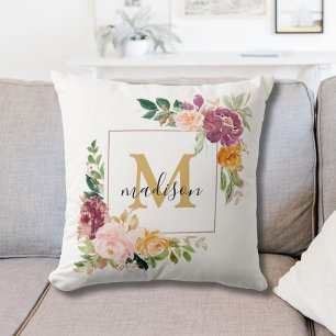 Monogram Elegante Watercolor Roos Bloemige Botanis Kussen