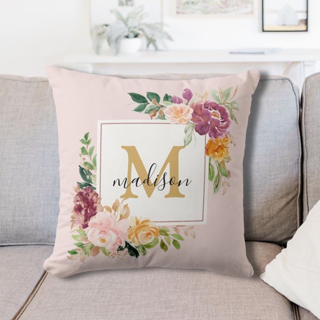 Monogram Elegante Watercolor Roos Bloemige Botanis Kussen (In situ)