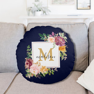 Monogram Elegante Watercolor Roos Bloemige Botanis Rond Kussen
