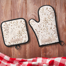 Monogram Elegante Waterverf Bruine Bloem Ovenwant & Pannenlap Set