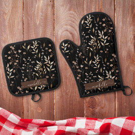 Monogram Elegante Waterverf Bruine Bloemen Ovenwant & Pannenlap Set