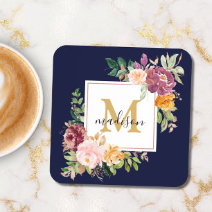 Monogram Elegante Waterverf Roos Bloemige Botanisc Bier Onderzetter