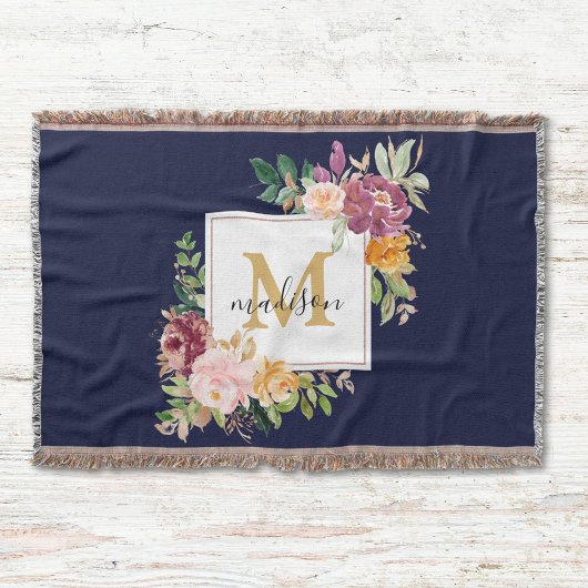 Monogram Elegante Waterverf Roos Bloemige Botanisc Deken