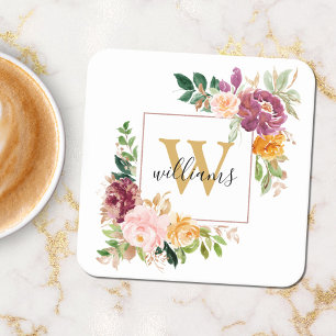 Monogram Elegante Waterverf Roos Bloemige Botanisc Kartonnen Onderzetters