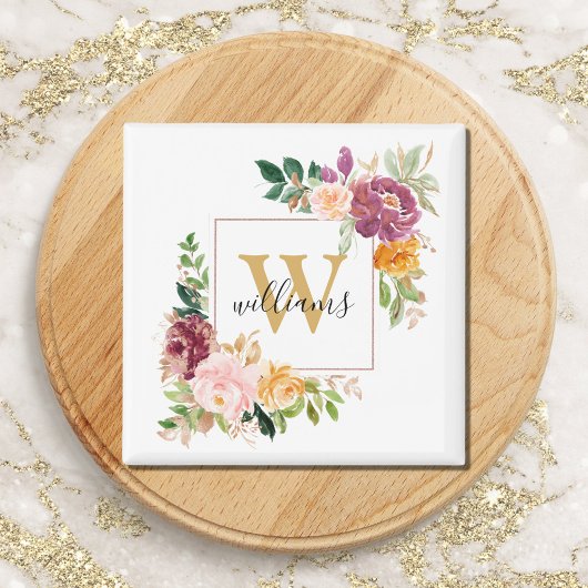 Monogram Elegante Waterverf Roos Bloemige Botanisc Magneet