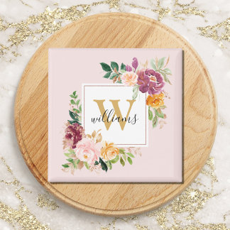 Monogram Elegante Waterverf Roos Bloemige Botanisc Magneet