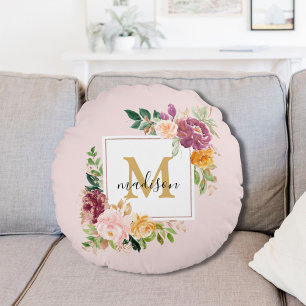 Monogram Elegante Waterverf Roos Bloemige Botanisc Rond Kussen